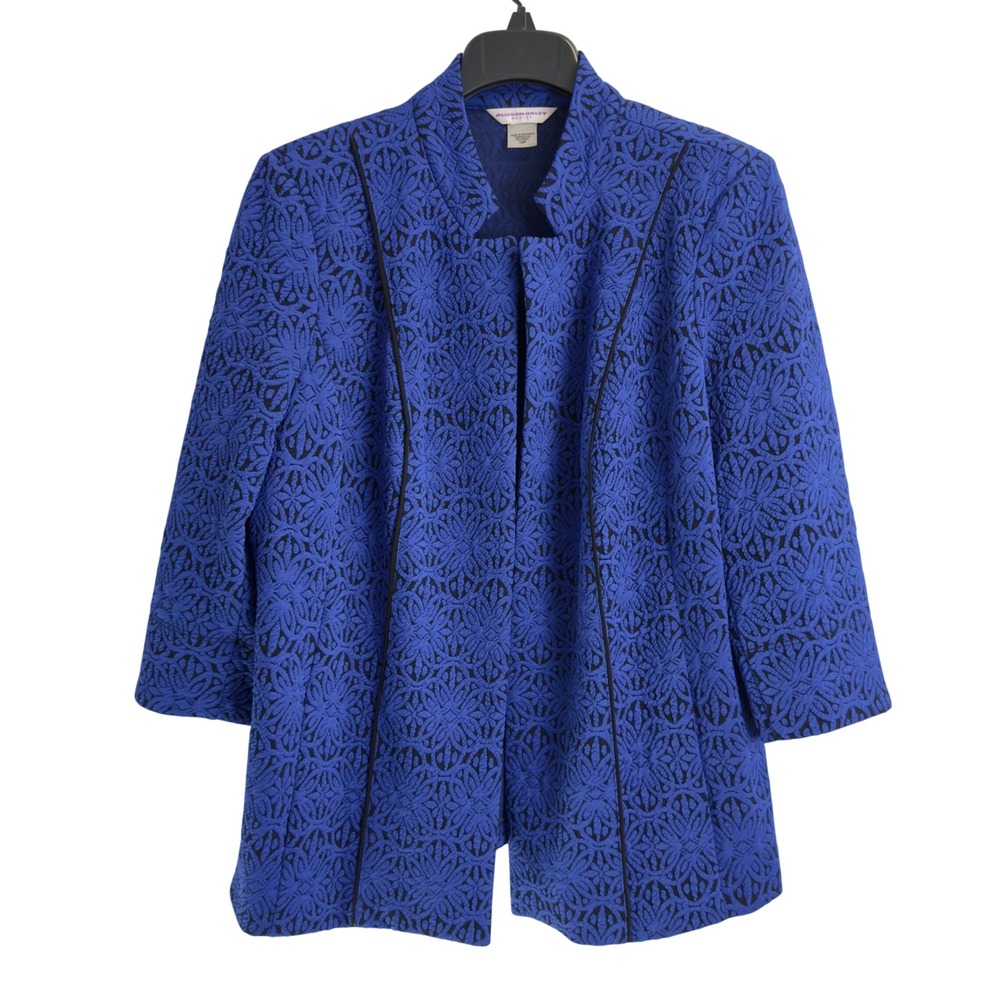 Allison Daley Petite Royal Blue Black Jacquard Open Front Jacket 14P Blazer